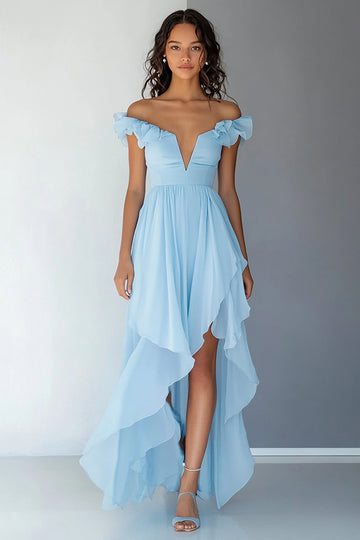 Off the Shoulder Sky Blue Chiffon Ruffled A Line Formal Dress